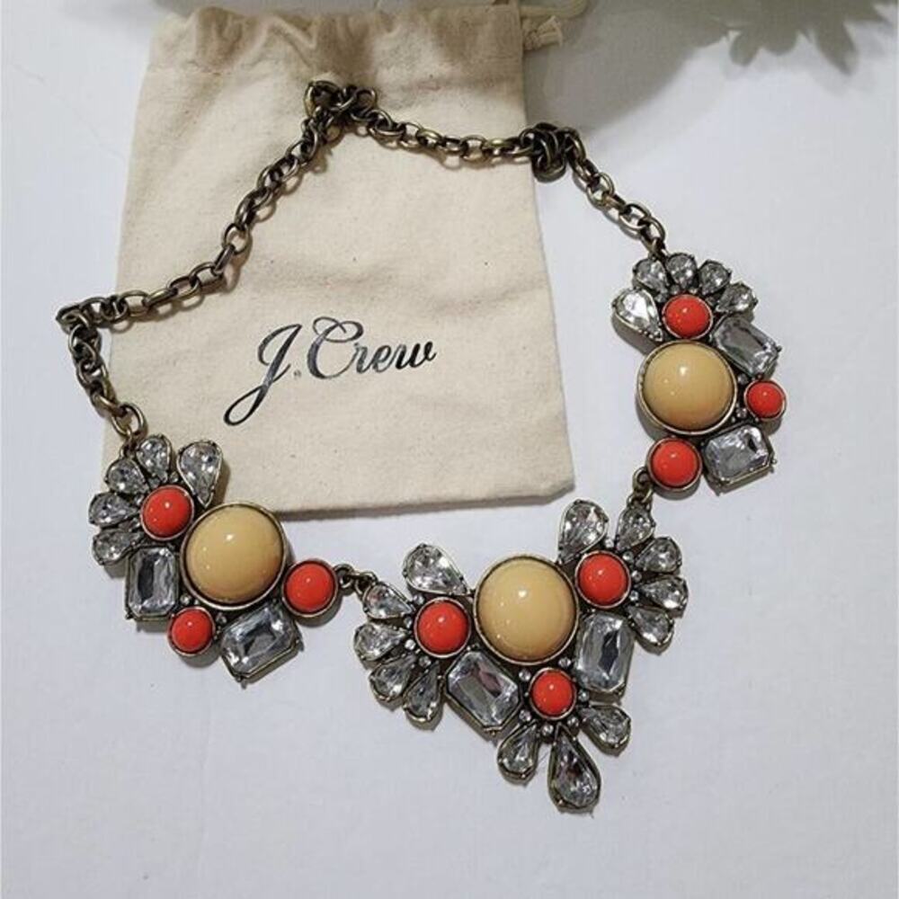 J. Crew Statement Bib Necklace‎ Coral Cream Crystal Gold Tone with Dust Bag